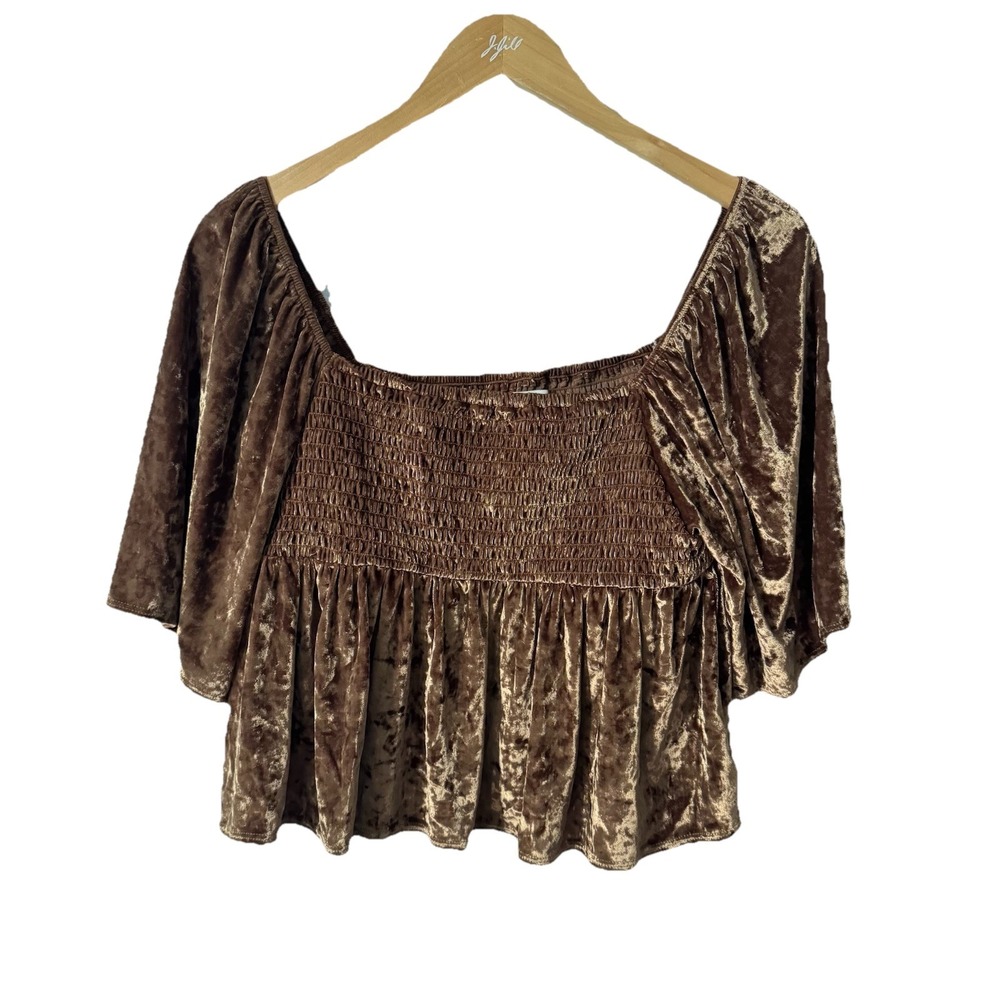 American Eagle Womens Brown Crushed Velvet Smocked Peasant Top Boho M Whimsigoth